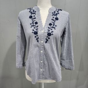 Abercrombie Fitch Striped Blue White Button Up Shirt Floral Embroidery Women